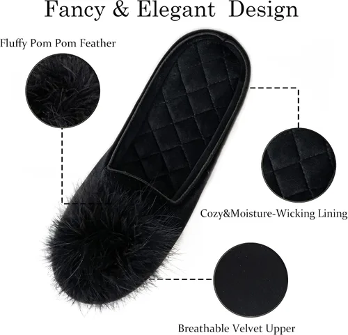 Vista 3 de GRITHEIM Pantuflas de terciopelo con pompones peludas para mujer, pantuflas de casa sexys y acogedoras para mujer, suela antideslizante