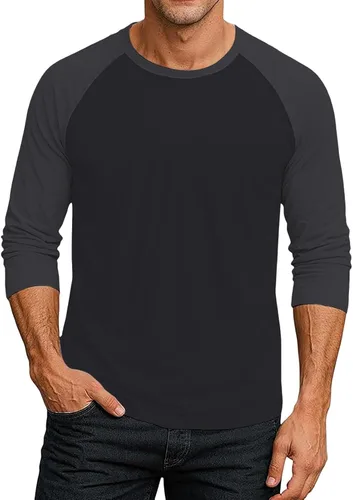 Vista 16 de Camiseta de béisbol raglán para hombre, manga larga, cuello redondo, tela ligera que absorbe la humedad para uso casual