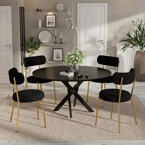Vista 8 de Moderno juego de mesa de comedor redonda de 3 piezas, mesa de MDF circular negra y 2 sillas de comedor negras Boucle, muebles de cocina con marco