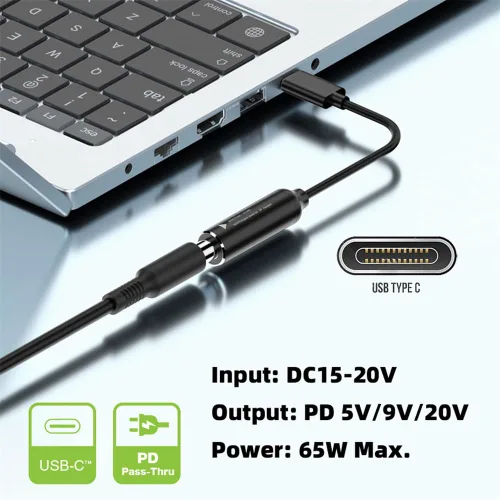 Vista 4 de cablecc 0.098x0.028 in Entrada DC Jack a USB-C Tipo-C Cable de carga de enchufe de alimentación para PD 9V 15V 20V 65W Teléfono portátil