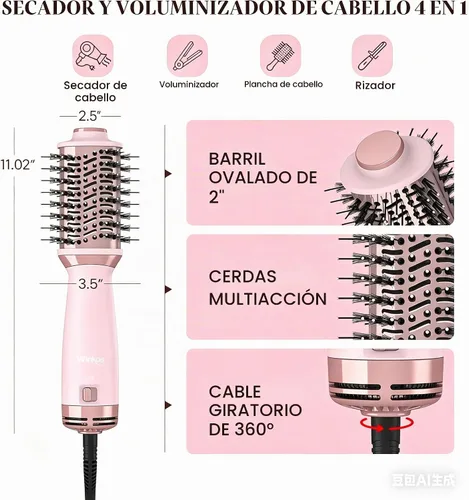 Vista 6 de Cepillo de aire caliente de doble voltaje de viaje Cepillos secadores de pelo MIni 4 en 1 Cepillo secador de pelo de 2 pulgadas con bolsa