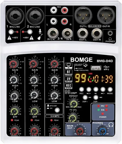 Vista 10 de BOMGE 04D portátil bluetooth 4 canales DJ mezclador de sonido de audio consola de mezcla con interfaz USB, entrada de alimentación fantasma de 48 V