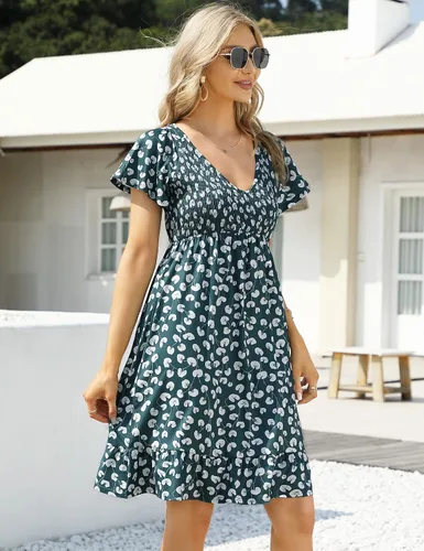 Vista 4 de Coolmee Vestido de maternidad de manga corta con volantes y cuello en V para mujer, vestido de verano casual fruncido fluido para baby shower