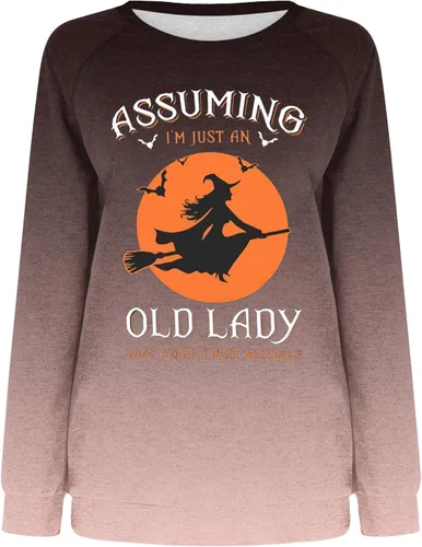 Vista 4 de Tuianres Halloween Shirts for Women Long Sleeve Halloween 2023 Gradient Witch T-Shirt Round Neck Pullover Loose Tee Tops