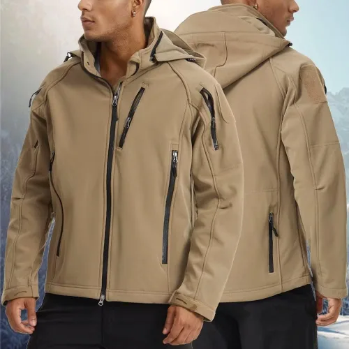 Vista 2 de MAGCOMSEN Abrigos de invierno para hombre, 8 bolsillos, con capucha, resistente al agua y al viento, chaqueta táctica Softshell