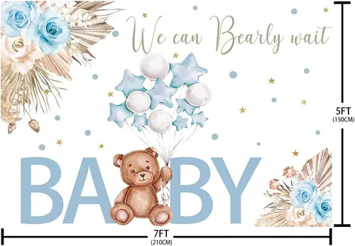 Vista 5 de AIBIIN Telón de fondo para baby shower de oso de 7 x 5 pies para niño, We Can Bearly Wait to Meet You, azul, bohemio, floral, globo de pampas