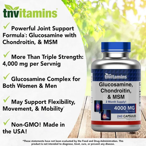 Vista 3 de Cápsulas de suplemento de glucosamina, condroitina y MSM (4000 mg x 240 cápsulas) para hombres y mujeres Potente suplemento de apoyo articular*