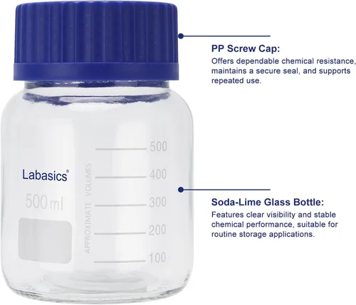 Vista 4 de Labasics Botella redonda de almacenamiento con tapa de rosca GL80, botella de reactivo de boca ancha de vidrio premium, para almacenamiento