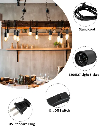 Vista 2 de HESSION - Cable de extensión colgante para farol, cable de lámpara de 5.9 pies, máximo 360 W, interruptor de encendido/apagado E26/E27, iluminación