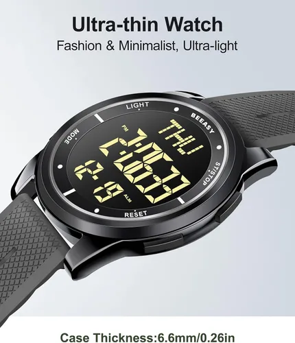 Vista 41 de Beeasy - Reloj digital de pulsera resistente al agua con cronómetro, alarma, cuenta regresiva, doble zona horaria, ultrafino, pantalla angular muy