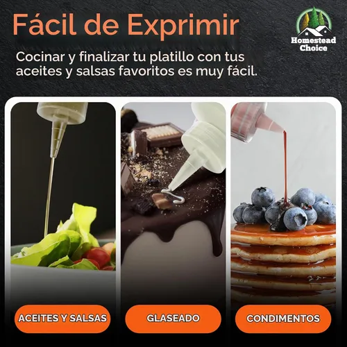Vista 5 de Homestead Choice Paquete de 2 botellas de plástico exprimibles para salsas, botellas exprimibles de condimentos de 16 onzas para líquidos, botella