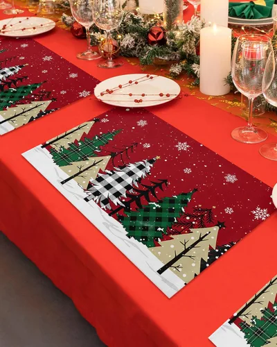 Vista 4 de Juego de 4 manteles individuales de árbol de Navidad, mantel rojo para decoración de mesa de comedor, manteles lavables de lino de algodón a cuadros