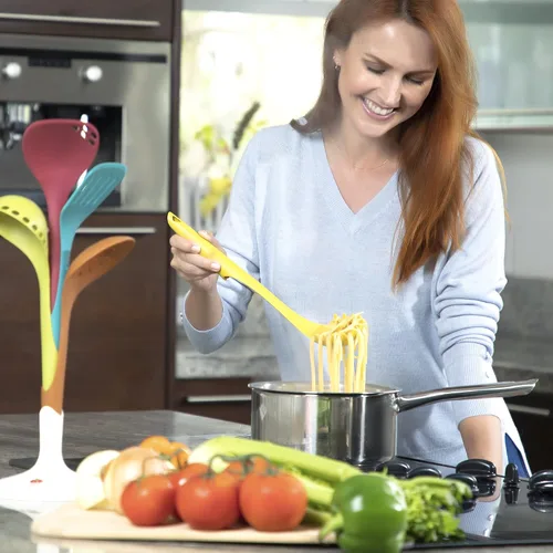 Vista 4 de Tomato Kitchenware Nylon Kitchen Utensil Set Tools - Solid Spatula, Slotted Spatula, Soup Ladle, Slotted Ladle, Spaghetti Spoon - Safe for Non-Stick