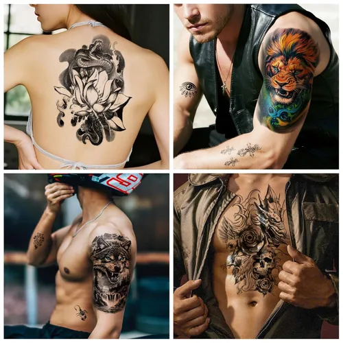 Vista 4 de 36 hojas de tatuajes temporales para hombres, mujeres y adultos, 12 hojas de gran tamaño, 3D, media manga, tatuajes falsos negros, tatuajes