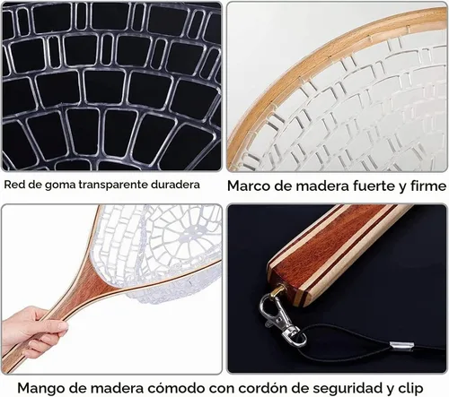Vista 5 de Fashionwu Red de pesca con mosca, red de pesca para truchas, goma suave para atrapar y liberar con marco de mango de madera, regalos para él