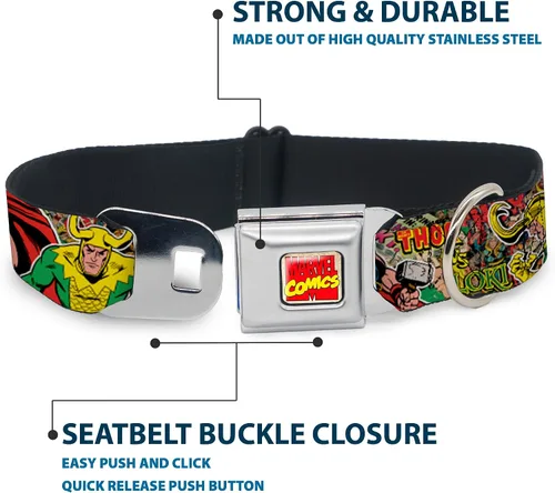 Vista 4 de Buckle-Down Collar de perro con hebilla de cinturón de seguridad, postura de Thor & Loki/cómics retro apilado, 1 pulgada de ancho, se adapta a