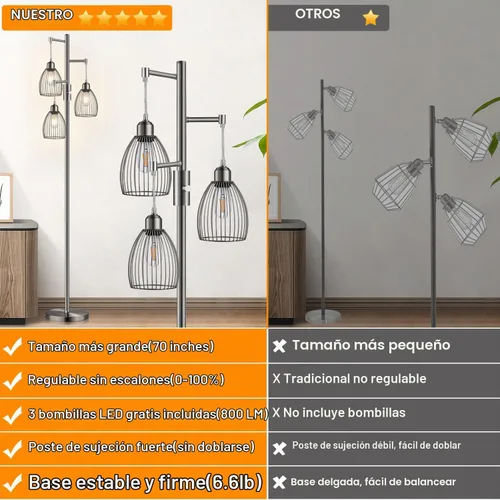 Vista 2 de Lámpara de pie regulable, lámparas de pie industriales para sala de estar, lámpara de árbol de níquel cepillado, lámpara de pie, lámparas altas