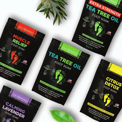 Vista 8 de DAILY REMEDY Sales de remojo para pies, paquete variado de 4 unidades, aceite de árbol de té, alivio muscular, lavanda calmante y remojo