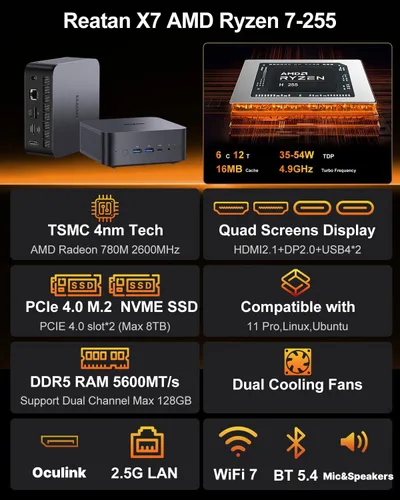 Vista 3 de Reatan Oculink Gaming Mini PC, Ryzen 7 255(hasta 4.9 GHz) Barebone Mini PC Radeon 780M, 2x 8K USB4, HDMI 2.1, Wi-Fi 7, BT 5.4, Quad-Display