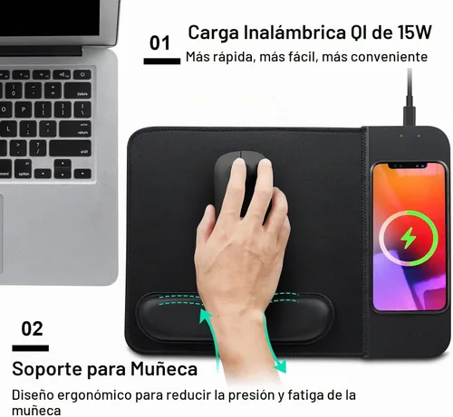 Vista 2 de Alfombrilla de mouse de carga inalámbrica de 15 W con soporte de muñeca, cargador inalámbrico Qi rápido para iPhone 17/16/15/14/13/12/12