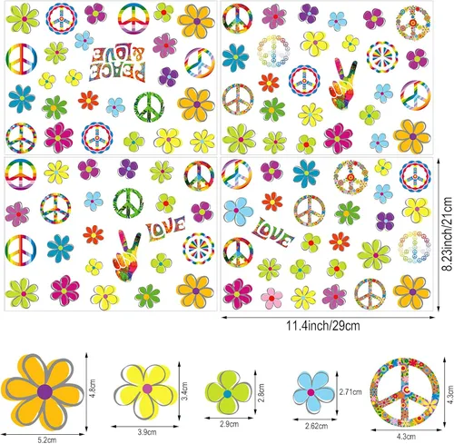 Vista 2 de 108 calcomanías para fiesta de los años 60, decoración de fiesta de 11.4 x 8.3 pulgadas, diseño hippie, diseño retro de flores para automóvil