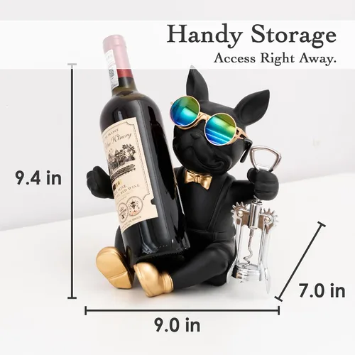 Vista 5 de Juju Bulldog - Soporte para botellas de vino, soporte para vino, para encimera, organizador único de botellas para decoración del hogar, decoración