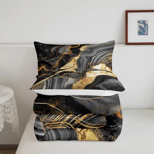 Vista 5 de Juego de edredón de mármol negro individual, ropa de cama dorada agrietada para adultos, hombres y mujeres, juegos de edredón de textura metálica