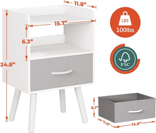 Vista 3 de Yoobure Mesita de noche con cajón de tela, mesita de noche moderna, mesitas de noche, mesitas de noche de mediados de siglo con estante