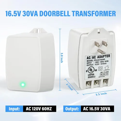 Vista 2 de 1 paquete de transformador de timbre de 16.5 V 30 VA enchufable compatible con Ring, Nest, Ecobee, transformador de timbre de 16.5 voltios