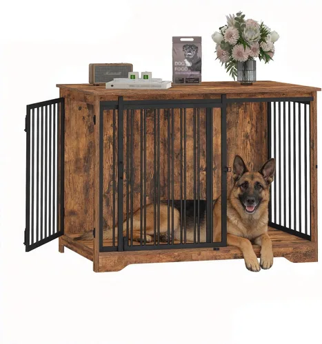 Vista 20 de Hzuaneri Mueble de jaula para perros de 27.2 pulgadas con puerta de granero, perrera resistente para interiores con 2 puertas, mesa auxiliar jaula