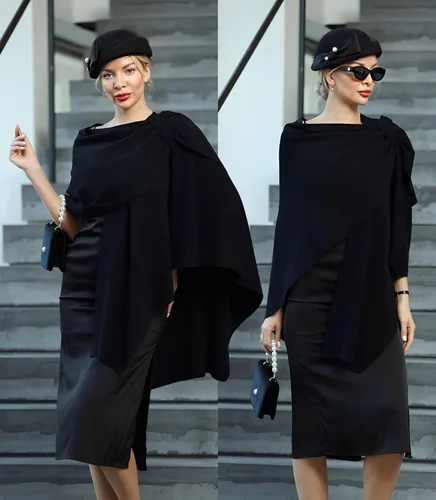 Vista 6 de PULI Suéter tipo poncho para mujer con frente cruzado grande y elegante capa de punto para otoño e invierno, 1-negro
