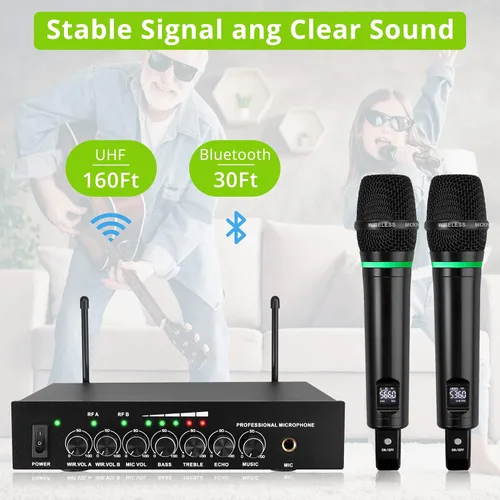 Vista 5 de LiNKFOR UHF - Sistema de micrófono recargable de mano, micrófono inalámbrico dual de metal con Bluetooth, entrada/salida RCA, salida de 0.250 in