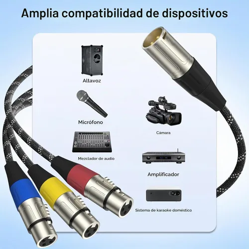 Vista 2 de J&D Cable divisor XLR, chapado en oro de 3 pines, adaptador XLR de 1 macho a 3 hembra, cable de micrófono equilibrado para mezclador, AMP
