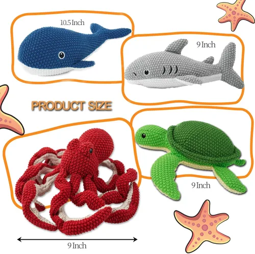 Vista 3 de Juego de 4 animales de peluche para bebé con 4 animales marinos, pulpo, tortuga, tiburón, ballena, juguete de ganchillo de 9 pulgadas, juguetes
