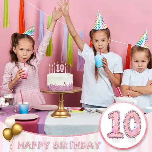 Vista 3 de Amylove Vela de cumpleaños número 0, decoración de pastel de mariposa con purpurina rosa con 10 velas delgadas, decoraciones de cumpleaños número 0