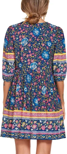 Vista 6 de Chigant Vestido de verano bohemio con cuello en V para mujer, casual, holgado, vintage, manga larga 34, vestidos de playa con bolsillos