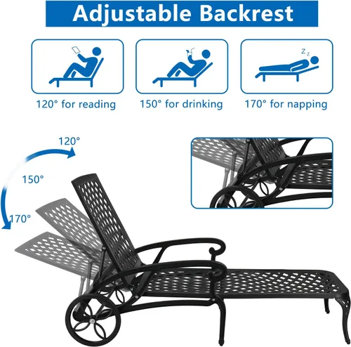 Vista 6 de Outvita Sillas de salón para exteriores, patio reclinable de aluminio fundido con respaldo ajustable y ruedas giratorias para patio trasero, porche
