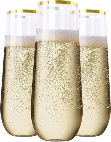 Vista 10 de SUT 24 copas de champán de plástico color oro rosa, copas de champán de plástico sin tallo de 9 onzas, vasos de tostado transparente con borde