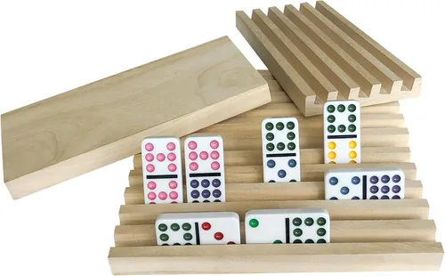 Vista 2 de Yuanhe Domino - Juego de 4 soportes de madera para azulejos mexicanos de tren rummy