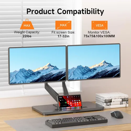 Vista 3 de Pholiten Brazos de Monitor Dobles Ajustables con Resorte de Gas para Pantallas de 17-32 Pulgadas, Soporte de Monitor VESA Dual Neumático con Base