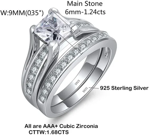 Vista 2 de Juego de anillos nupciales de plata de ley 925 con circonita cúbica, corte princesa, para mujer
