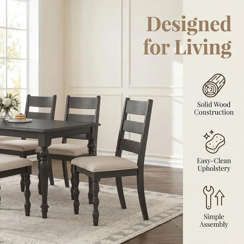 Vista 3 de Kmax Juego de 2 sillas de comedor de granja, silla de cocina rústica tapizada con respaldo de escalera, silla de madera natural con patas de columna
