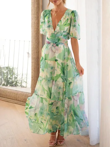 Vista 2 de Sissyaki Vestido largo escalonado con cuello cuadrado para mujer, manga corta, cintura alta, vestido midi fruncido