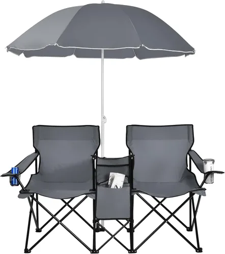 Vista 10 de Goplus Sillas de camping dobles con paraguas, enfriador para patio de playa Negro