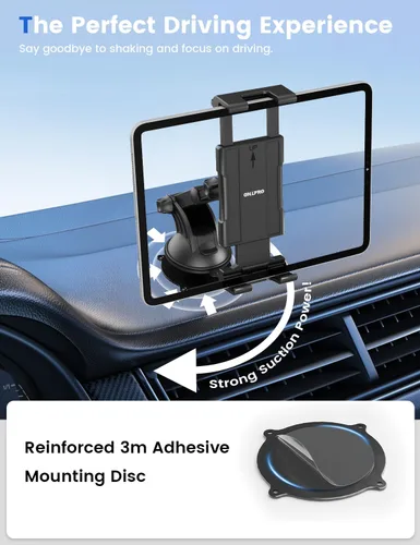 Vista 4 de OHLPRO Soporte para tablet de automóvil con ventosa para tablero y parabrisas, abrazadera ajustable de rotación de 360° con brazo telescópico