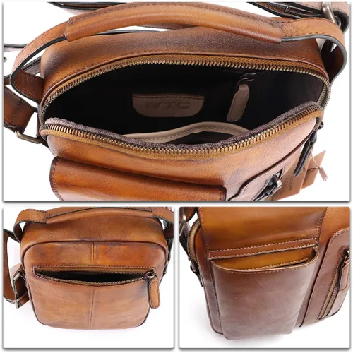 Vista 7 de Bolsas de mensajero de cuero para hombres Crossbody Bolsas de hombro Hombre Bolso Satchel Marrón talla única