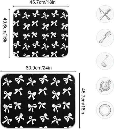 Vista 3 de Tapete de secado de platos Wamika con lazo negro para encimera de cocina 16x18, lazo de moño coqueto, tapete rectangular pequeño de secado