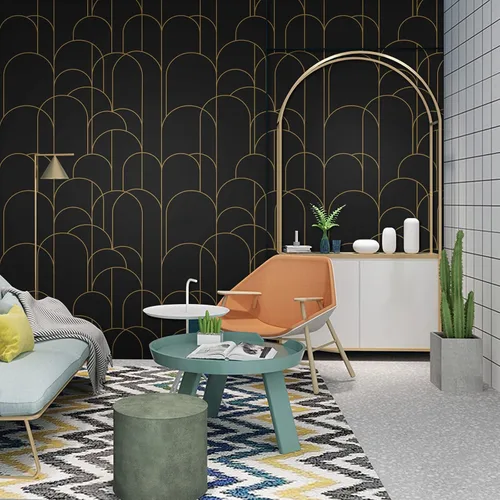 Vista 2 de Papel tapiz para despegar y pegar, moderno papel tapiz geométrico negro/dorado, 17.71 x 118 pulgadas, papel tapiz autoadhesivo extraíble, papel