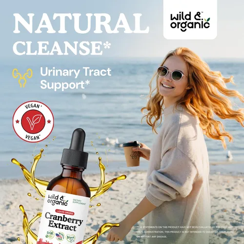 Vista 2 de Wild & Organic Gotas de suplemento de arándano, soporte del tracto urinario para mujeres y hombres, suplemento líquido de extracto de arándano puro