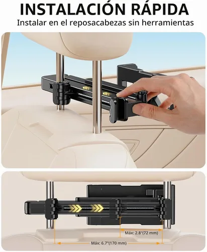 Vista 5 de Soporte para tablet para reposacabezas de automóvil [brazo de extensión resistente 3 en 1] Soporte ajustable para iPad para asiento trasero